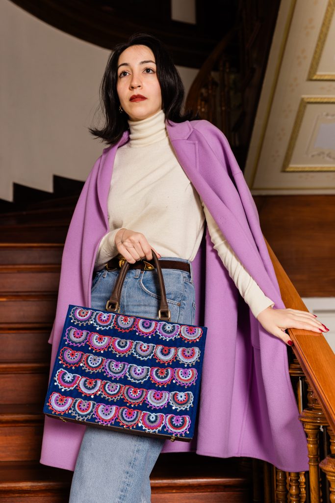 Turquoise Tassel embroidered tote bag
