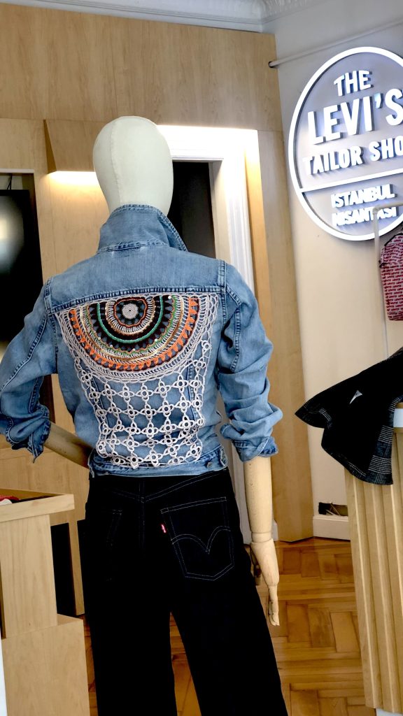 Levi’s jacket with Turquoise Tassel embroidery at the Levi’s Tailor Shop, Nişantaşı
