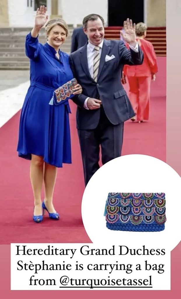 Press image: Hereditary Grand Duchess Stéphanie carrying a bag from Turquoise Tassel
